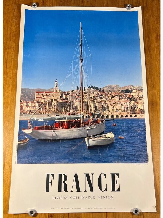 Other - 1950s ORIGINAL FRENCH TRAVEL POSTER, Ship, Riviera, Cote D'Azur - 24-1/2"x39"